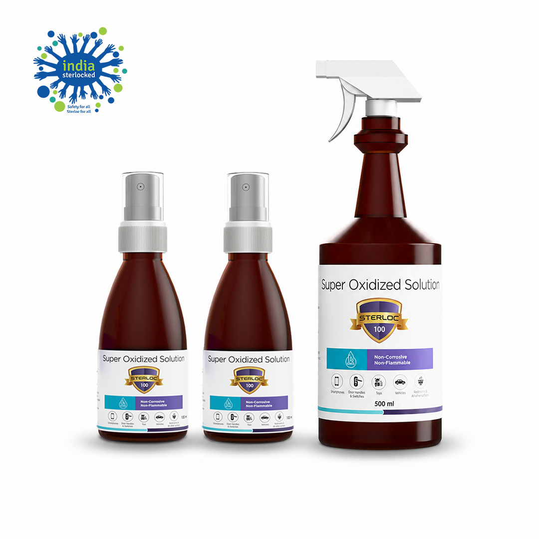 STERLOC 100PPM Combo Pack (500ml + 2 x 100ml) HOCl Disinfectant Spray STERLOC 100PPM Combo Pack with one 500ml and two 100ml HOCl disinfectant spray bottles for home, travel, and workplace hygiene